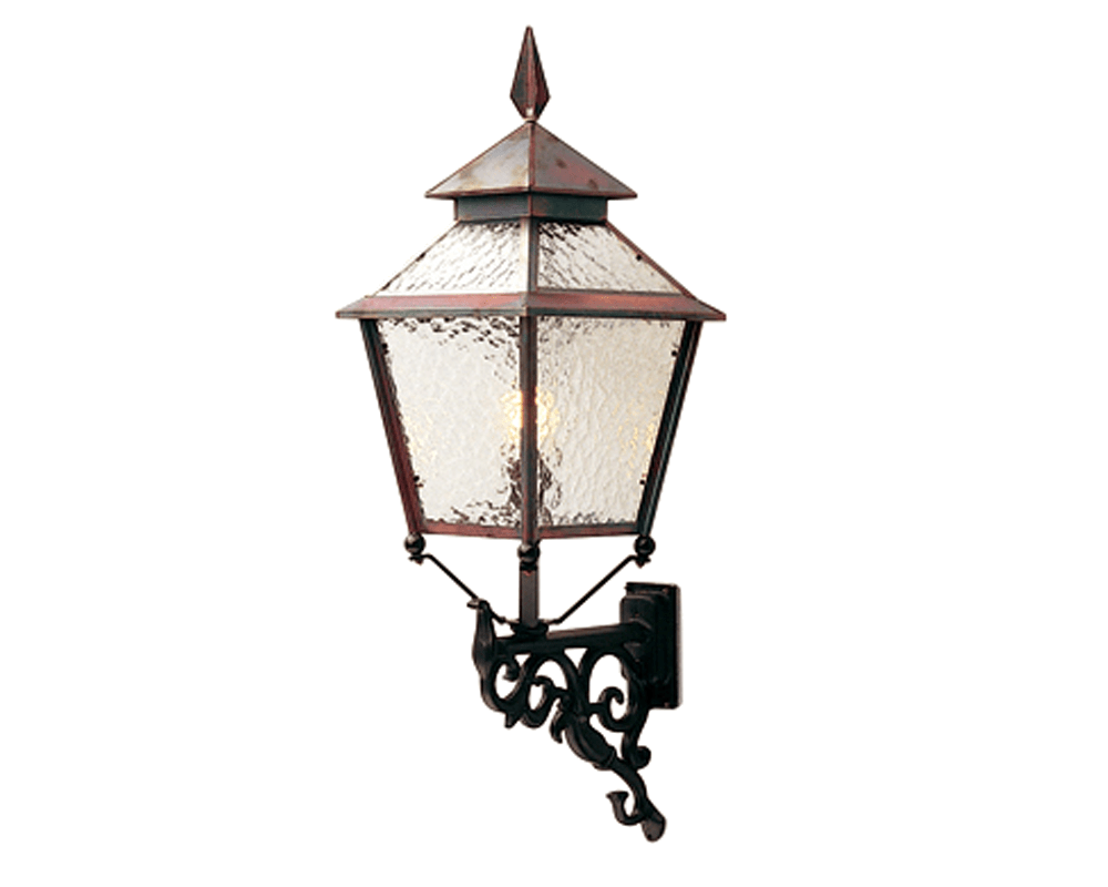 Eriksberg Geoxideerd koper buitenlamp Van Westal - De lantaarn heeft een onderkant van antiek zwart smeedijzer en een bovenkant van sterk geoxideerd koper, wat hem een elegant en tijdloos design geeft.