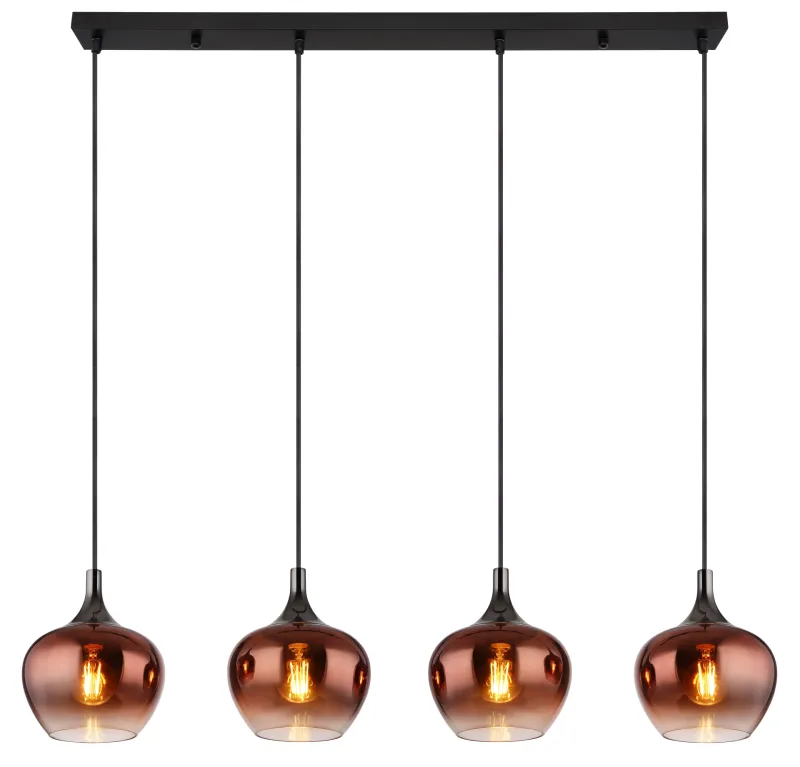 Maxy 100cm Koper hanglamp Van Globo Lighting - Den mattsvarta och krompl&auml;terade metallstommen ger lampan en modern och sofistikerad look, medan de kopparf&auml;rgade glaskuporna med en klar och tonad gradient skapar en unik ljusupplevelse.