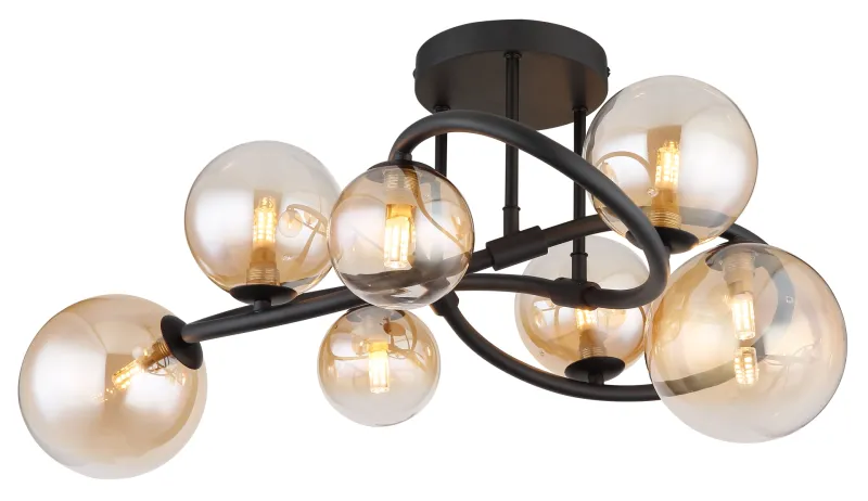 Tuberius Ø62 Amber plafondlamp Van Globo Lighting - Lampan &auml;r tillverkad av mattsvart metall och &auml;r smyckad med 7st glas i en&nbsp;mjuk b&auml;rnstensf&auml;rgad ton, vilket skapar en st&auml;mningsfull ljusspridning.