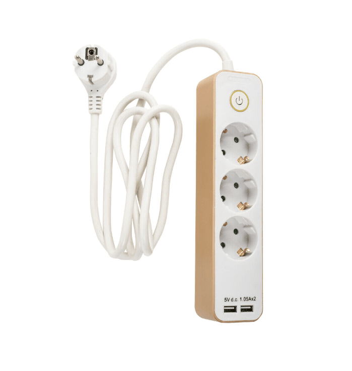 3-Voudige Stekkerdoos Van Airam - 3-voudige stekkerdoos met goudkleurige behuizing en aan/uit-drukknop, twee USB-poorten, max.