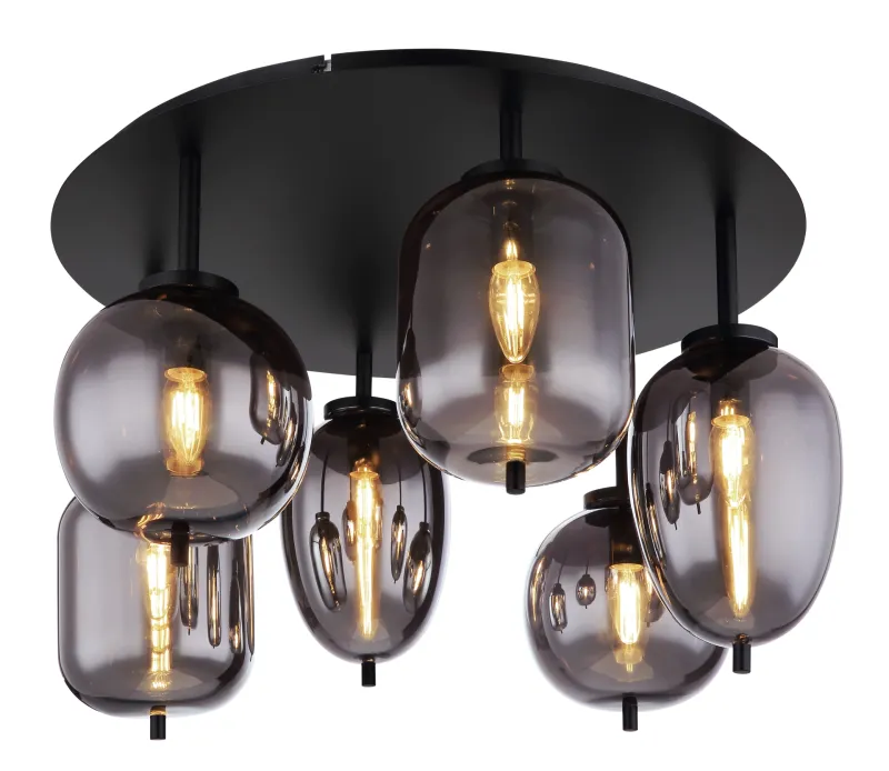 Blacky Ø63 Zwart plafondlamp Van Globo Lighting - Lampan &auml;r utrustad med 6st r&ouml;kf&auml;rgade glaskupor i olika former, som h&auml;nger fr&aring;n taket p&aring; mattsvarta st&auml;nger f&auml;sta vid en matchande bas.