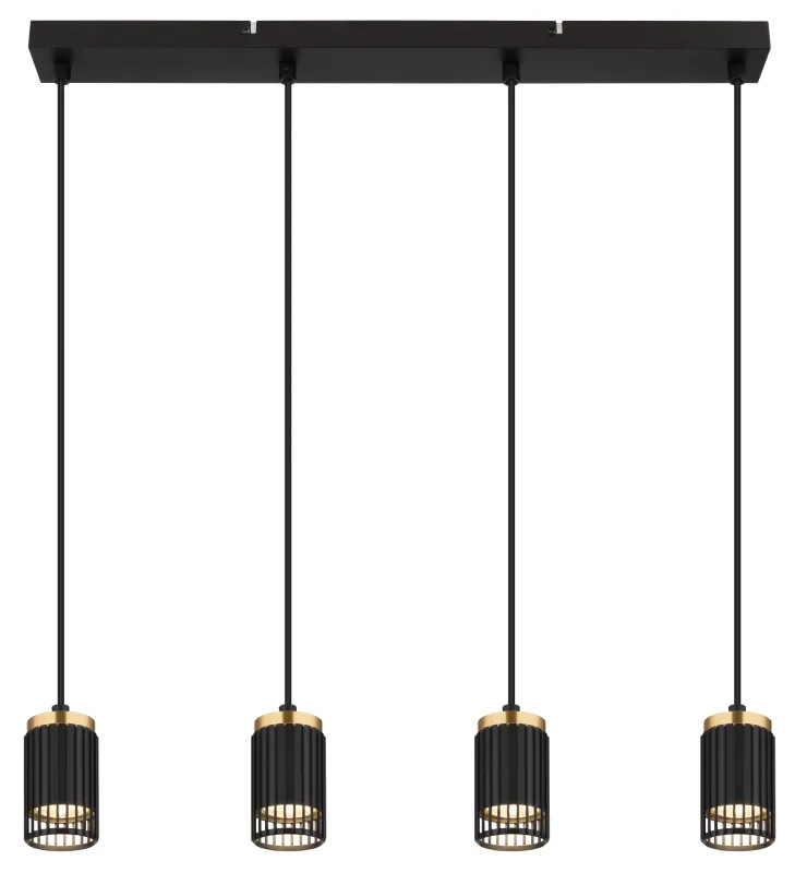 Korben 60cm Zwart hanglamp Van Globo Lighting - Med sin avl&aring;nga form och fyra cylindriska sk&auml;rmar, &ouml;ppna framtill, ger den en riktad ljusf&ouml;rdelning som skapar en inbjudande atmosf&auml;r.