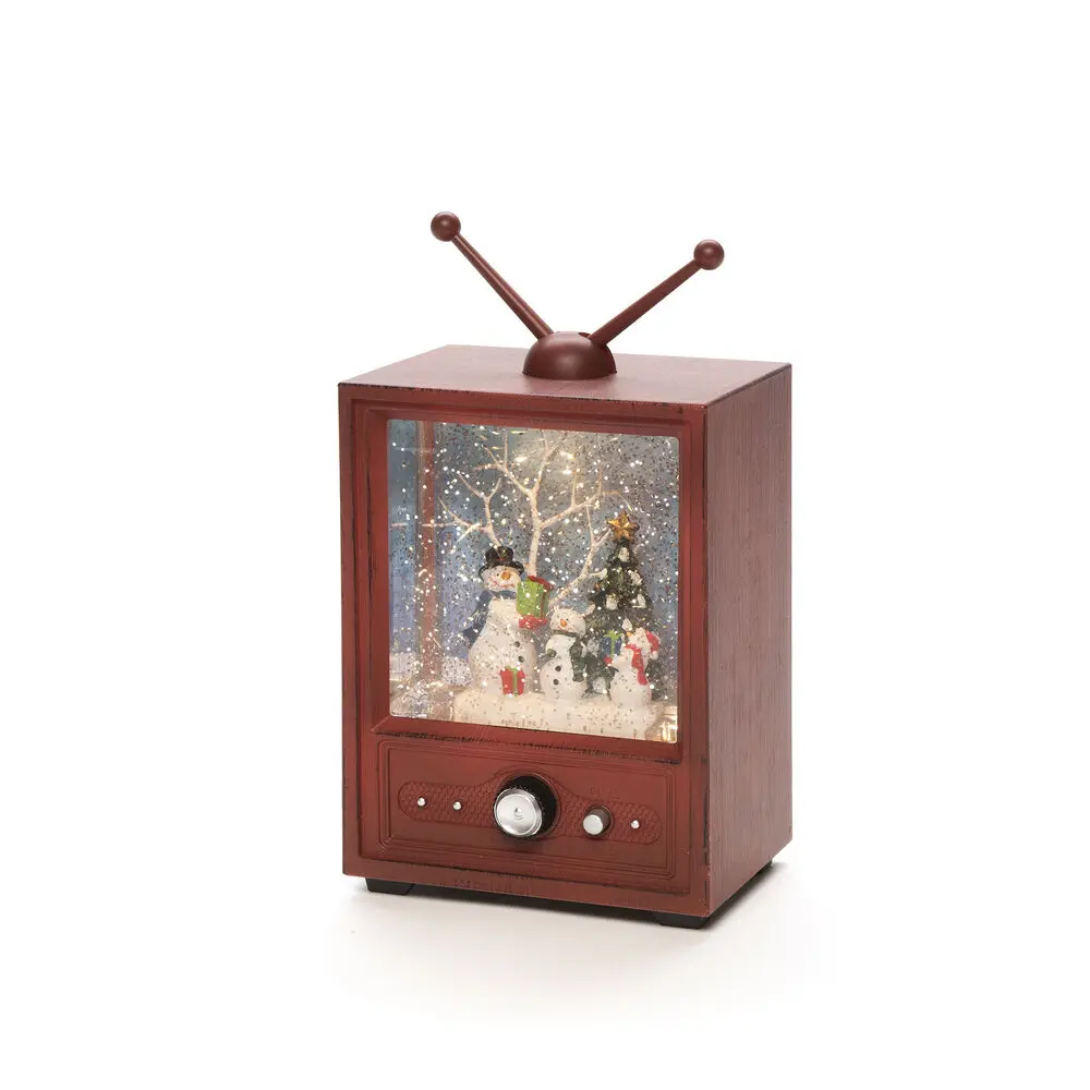 Met Water Gevulde Lantaarn In De Vorm Van Een Tv Bruin Van Konstsmide - Deze met water gevulde lantaarn heeft de vorm van een retro-tv en toont een winters tafereel met sneeuwmannen en een versierde kerstboom.