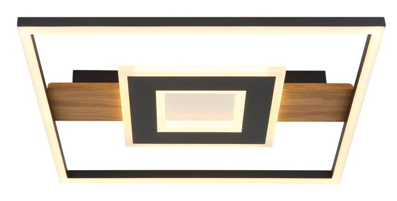 Pikara 38cm Hout plafondlamp Van Globo Lighting - Lampan &auml;r tillverkad i en stilfull kombination av metall i tr&auml;look och en mattsvart finish, vilket ger den en modern men samtidigt naturlig k&auml;nsla.