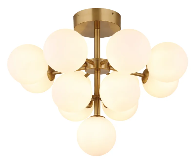 Grappy Ø56 Goud plafondlamp Van Globo Lighting - Grappy plafond i guldf&auml;rgad metall blir en stilfull och lyxig detalj i varje rum med sin glamor&ouml;sa design och de 13st opalf&auml;rgade glaskulorna.