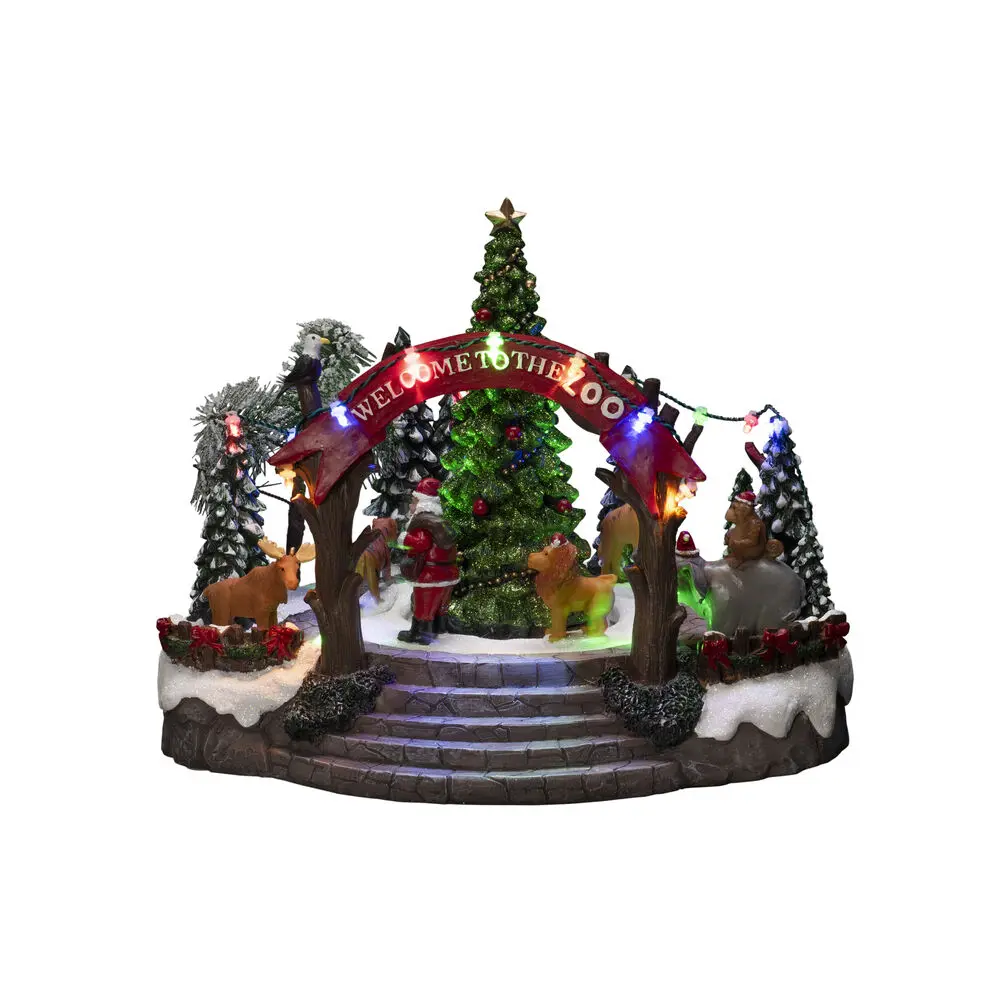 Mechanische Kerstdecoratie Met Dierentuin 20cm Veelkleurig Van Konstsmide - Deze mechanische kerstversiering biedt een kleurrijk tafereel met 19 warmwitte LED-lampjes, muziek, dieren en de Kerstman rond een fonkelende kerstboom.