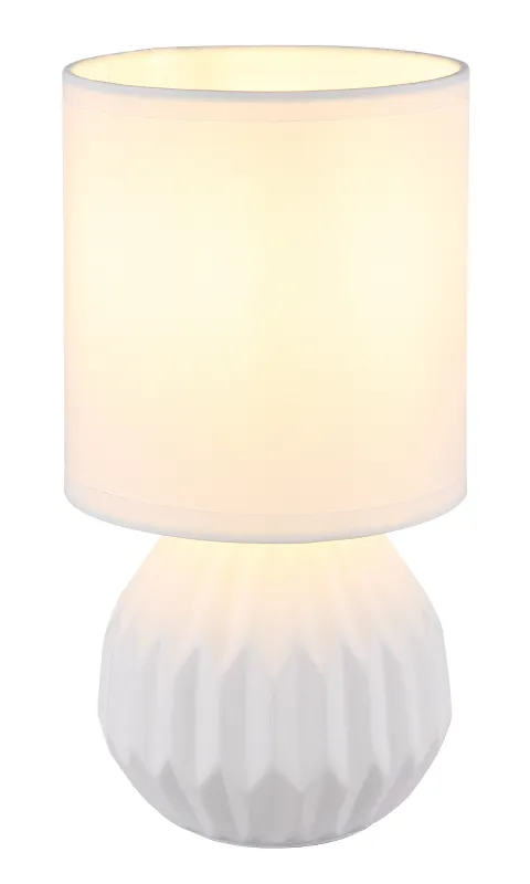 Sylas 23cm Wit tafellamp Van Globo Lighting - Den rundade keramiska basen i elegant vitt och den matchande cylindriska textilsk&auml;rmen skapar en harmonisk och modern estetik.