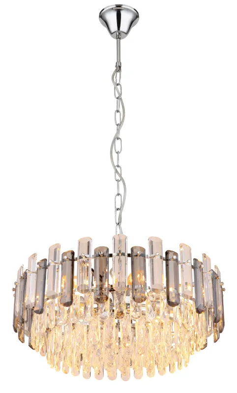 Orgina Ø60 Rookkleurig kristal Van Globo Lighting - Takkronan Orgina tillf&ouml;r rummet en lyxig k&auml;nsla med gnistrande kristaller och r&ouml;kf&auml;rgade glasstavar.