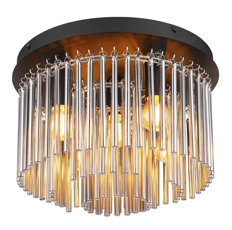 Gorley Ø32 Rookkleurig plafondlamp Van Globo Lighting - Dess design imponerar med en stilfull kombination av mattsvart metall, gl&auml;nsande krom och r&ouml;kf&auml;rgade glasstavar.