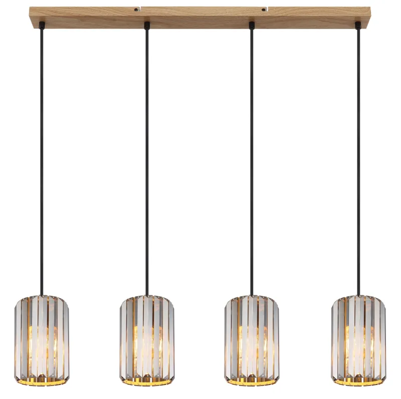 Run 88cm Rookkleurig hanglamp Van Globo Lighting - Kombinationen av metall i tr&auml;utseende och de fyra sk&auml;rmarna med r&ouml;kf&auml;rgade K5-kristaller ger en harmonisk ljusspridning och en sofistikerad k&auml;nsla.