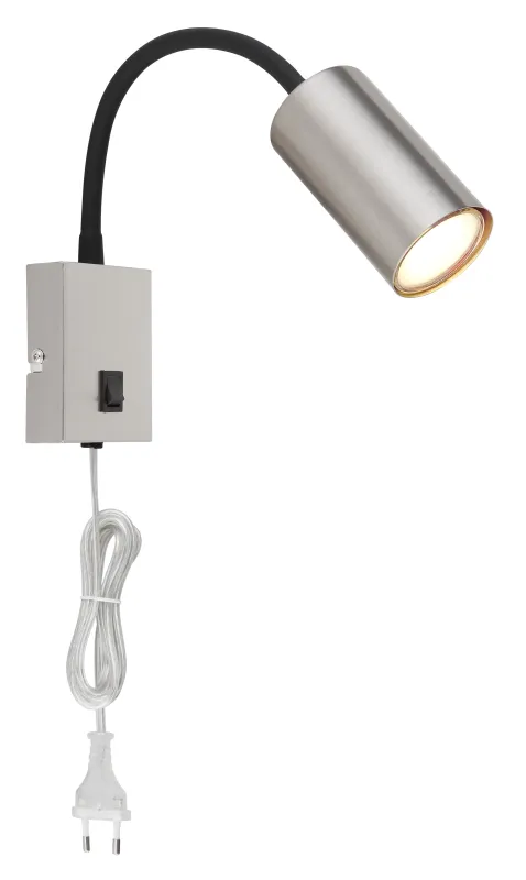 Robby Nikkel leeslamp Van Globo Lighting - Robby &auml;r en klassisk, kompakt v&auml;gglampa tillverkad i svart plast och matt nickelmetall, vilket ger en stilren och modern look.