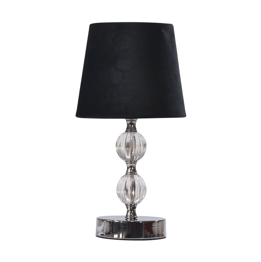  Karin 30cm Zwart tafellamp Van Pixie Design - De glazen en metalen voet van de lamp zorgt voor een stijlvolle uitstraling, terwijl de zwarte textielen kap een klassieke en luxueuze uitstraling heeft.