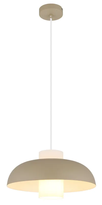 Lowe Ø38 Zand hanglamp Van Globo Lighting - Den runda sk&auml;rmen i matt sandf&auml;rgad metall ger ett elegant och tidl&ouml;st uttryck, medan den cylinderformade sk&auml;rmen i opalglas sprider ett mjukt och behagligt ljus.