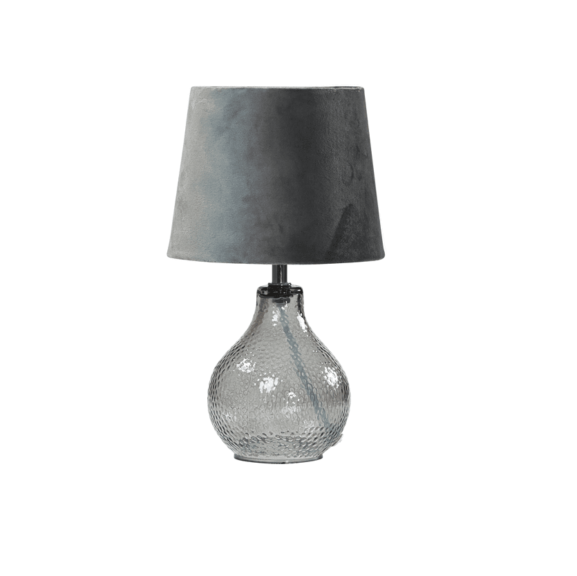 Julia 30cm Grijs tafellamp Van Pixie Design - De Julia tafellamp combineert een elegante glazen voet met een lampenkap van textiel en creëert zo een moderne en stijlvolle verlichtingsoplossing.