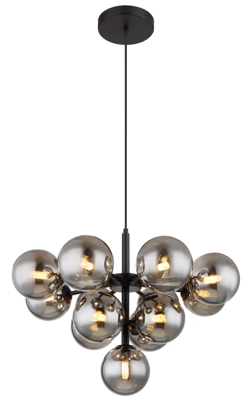 Grappy Ø56 Rookkleurig hanglamp Van Globo Lighting - Grappy taklampa blir en stilfull och lyxig detalj i varje rum med sin glamor&ouml;sa design och de 13st r&ouml;kf&auml;rgade glaskulorna.