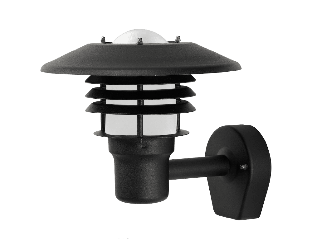 Tellus Zwart buitenlamp Van Westal - De Tellus wandlamp is een armatuur van Zweeds ontwerp met een E27-fitting en een koepel van opaalglas die de lichtbron omringt.
