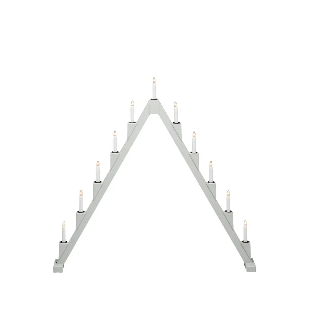 Candelabra 11 Lights Grijs Van Konstsmide - Opvouwbare elektrische kandelaar met 11 kaarsen, gemaakt van grijs geverfd hout, versierd met zwarte ringen rond elke kaars voor een elegante toets.