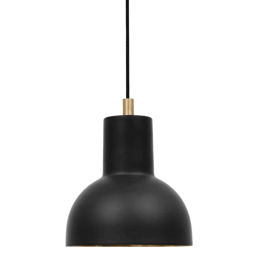 Mini Ø14 Zwart hanglamp Van H. Skjalm P - Mini-hanglamp in matzwart metaal met goudkleurige binnenkant en messing details.