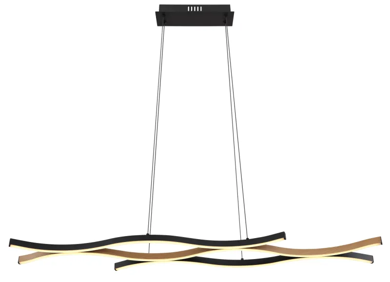 Geronimo 108cm Natuur hanglamp Van Globo Lighting - Den mattsvarta metall- och aluminiumstommen, kompletterad med tr&auml;liknande dekorationer och en opalf&auml;rgad plastsk&auml;rm, ger en stilren och harmonisk estetik.
