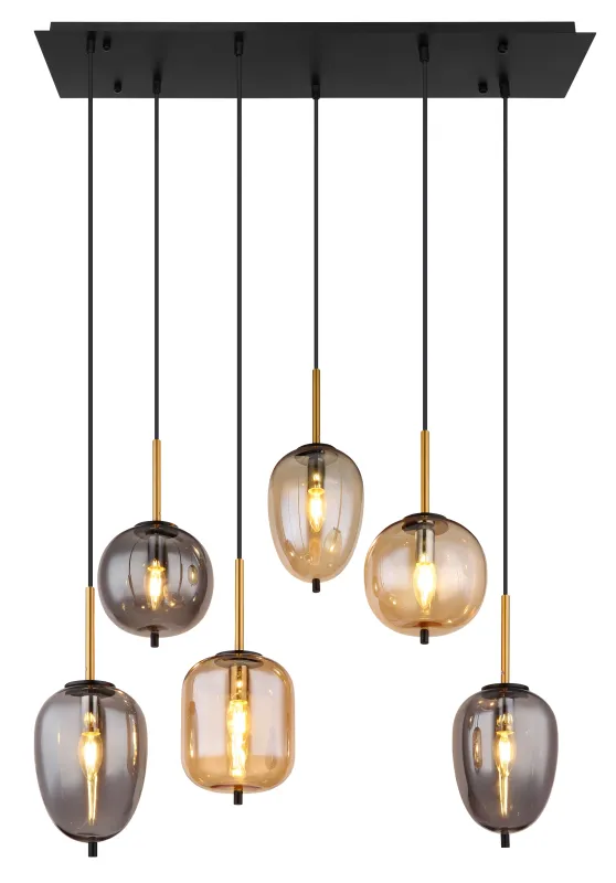Blacky 80cm Amber hanglamp Van Globo Lighting - De sex r&ouml;k- och amberf&auml;rgade glasgloberna i olika former h&auml;nger fr&aring;n en svart, rektangul&auml;r takplatta och kan justeras upp till 120 cm fr&aring;n taket.