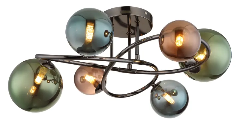 Riha Ø65 Veelkleurig plafondlamp Van Globo Lighting - De olika glaskulorna i brons, gr&ouml;nt och petrol ger lampan en dynamisk och lekfull karakt&auml;r samtidigt som de skapar en visuellt intressant ljusbild.
