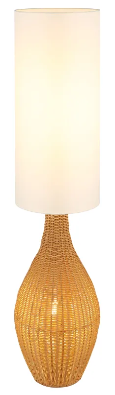 Anko Bruin vloerlamp Van Globo Lighting - Den rundade designen i plast med en dekorativ rottinglook ger en naturlig charm, medan den vita textilsk&auml;rmen sprider ett mjukt och behagligt ljus.