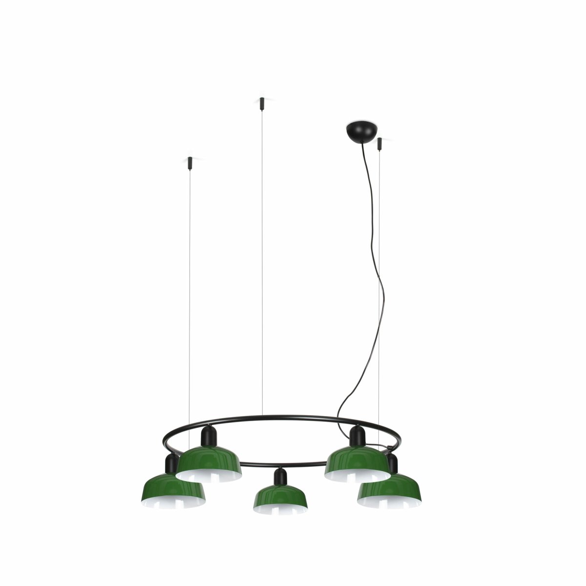 Tatawin Ø90 Groente hanglamp Van Faro Barcelona - Tatawin is een plafondlamp met een zwarte structuur en vijf groene metalen kappen die een gericht, sfeervol licht verspreiden.