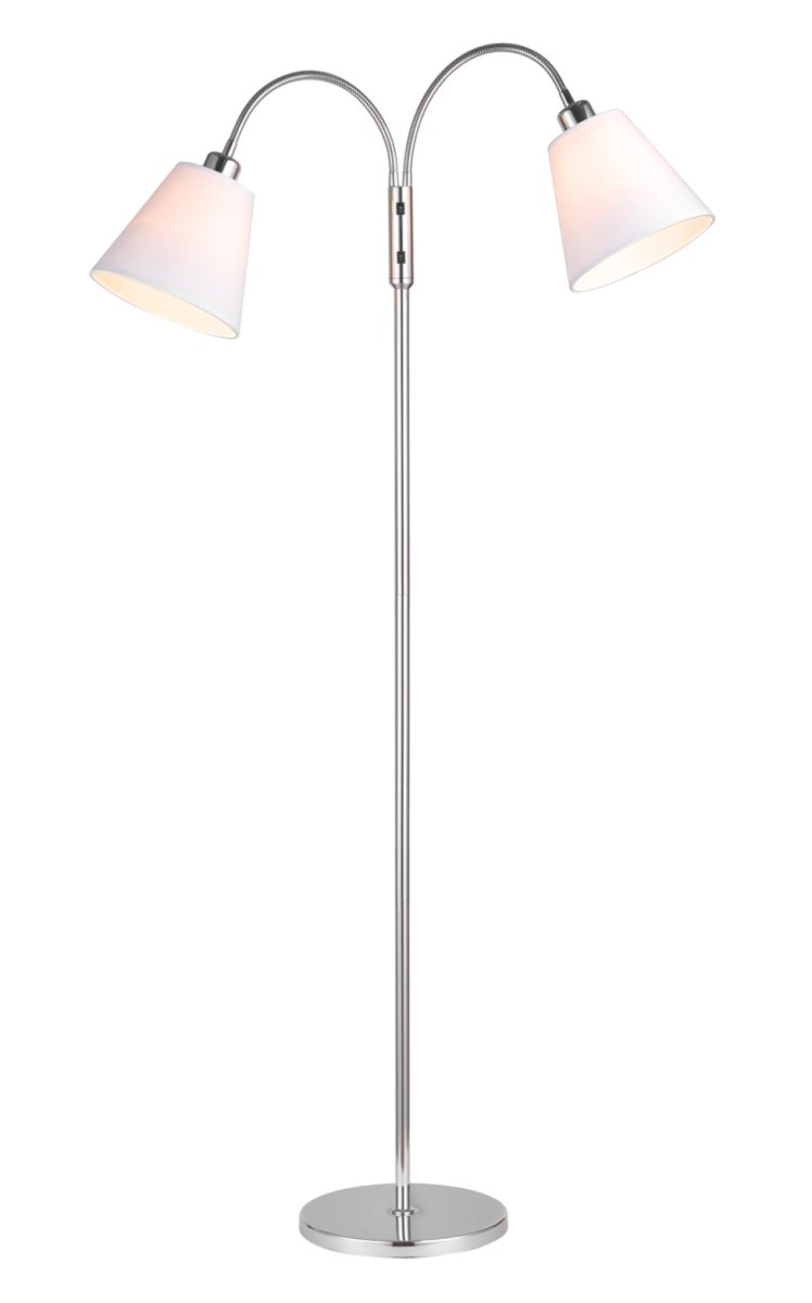  Duett Chroom vloerlamp Van Cottex - Uitgerust met twee witte textielkappen met een diameter van 20 cm en flexibele armen voor eenvoudige aanpassing.