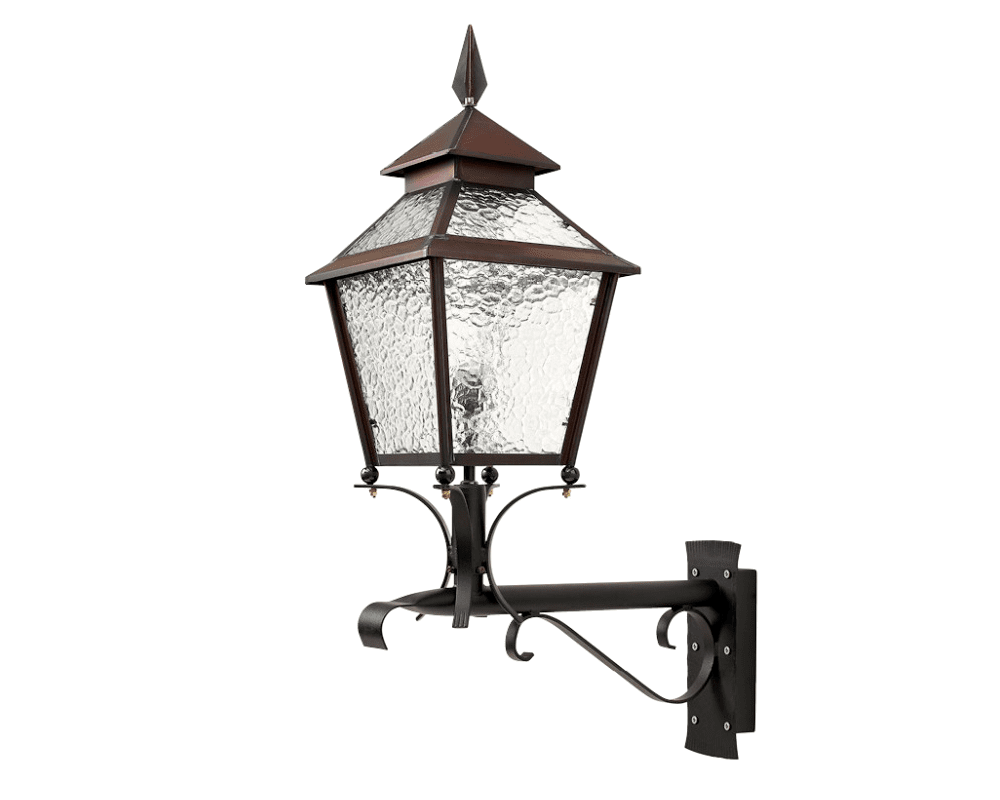 Eriksberg Geoxideerd koper buitenlamp Van Westal - De lantaarn heeft een onderkant van antiek zwart smeedijzer en een bovenkant van zwaar geoxideerd koper, wat hem een elegant en tijdloos design geeft.