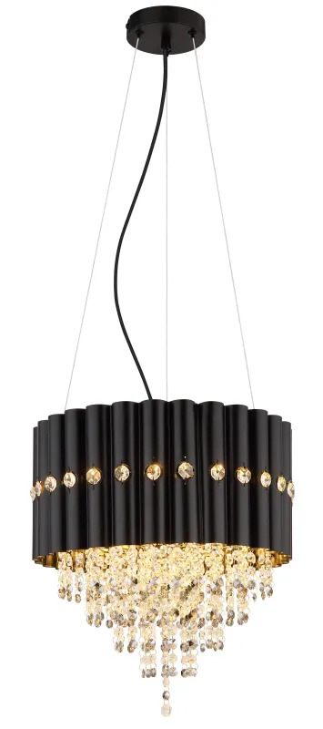 Eleos Ø40 Zwart hanglamp Van Globo Lighting - Med en stomme i matt svartlackerad metall och en lampsk&auml;rm i samma nyans sm&auml;lter den harmoniskt in i b&aring;de moderna och klassiska interi&ouml;rer.