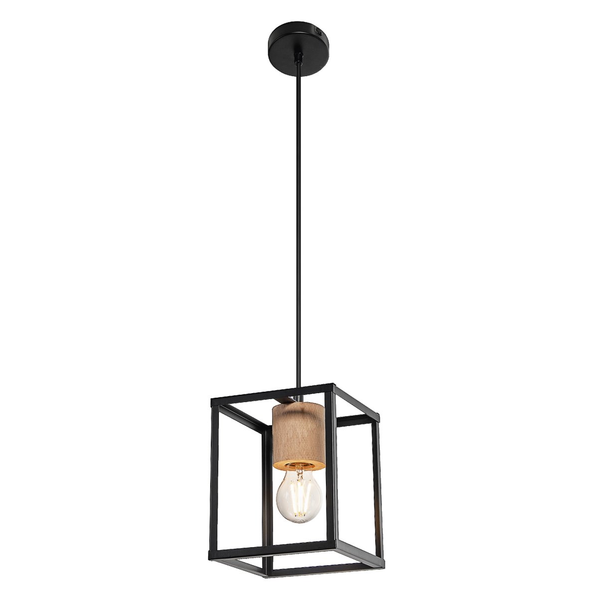 Nairobi 17cm Zwart hanglamp Van Ledvance - Het open metalen frame in het zwart zorgt voor een luchtige en industriële look, terwijl de elegante houten details een warm en natuurlijk contrast vormen.