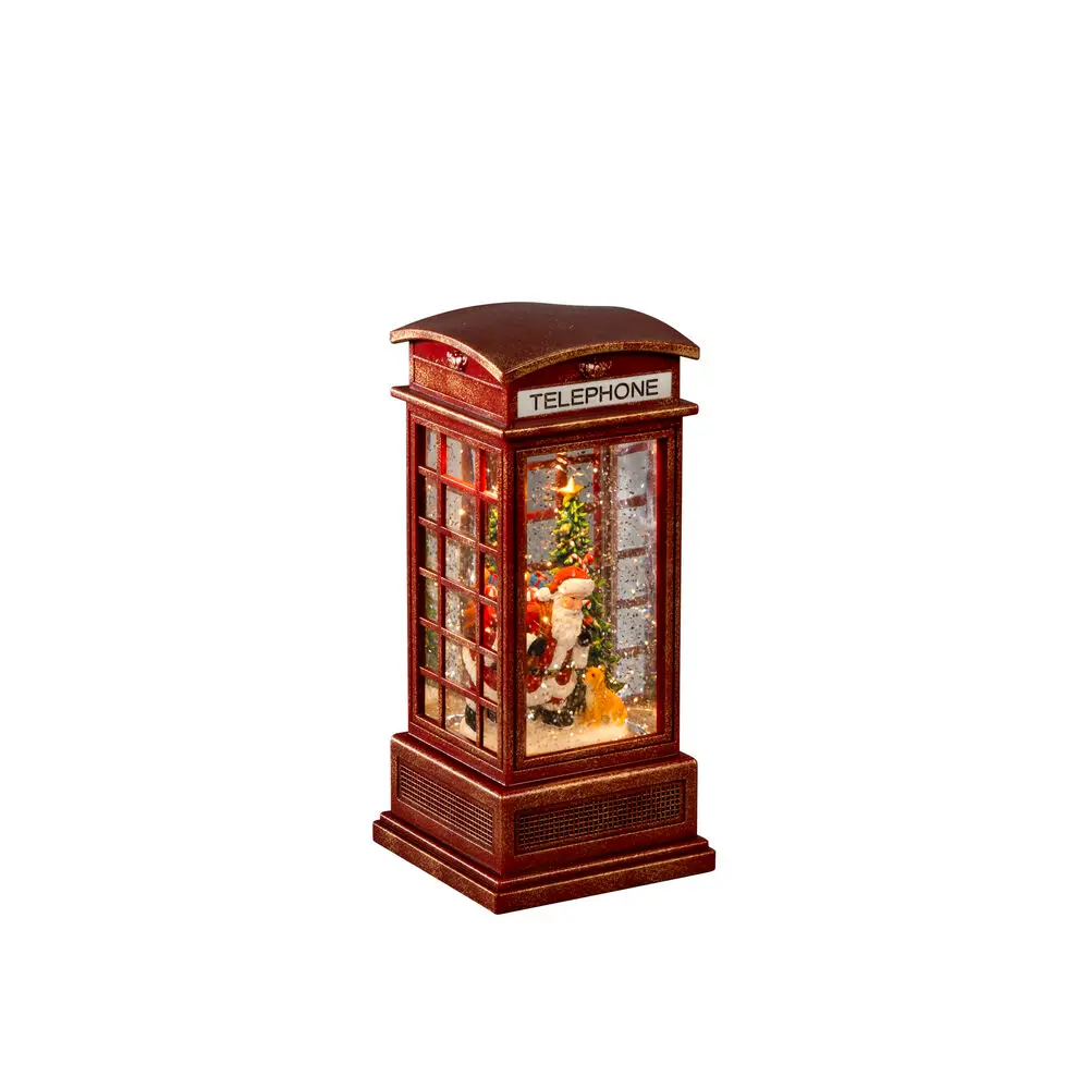 Met Water Gevulde Lantaarn Met telefooncel ROOD Van Konstsmide - Decoratieve mini-lantaarn gevuld met water in de vorm van een klassieke rode telefooncel met kerstmotief.