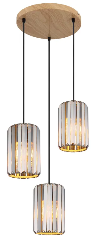 Run Ø35 Rookkleurig hanglamp Van Globo Lighting - Kombinationen av metall i tr&auml;utseende och de tre sk&auml;rmarna med r&ouml;kf&auml;rgade K5-kristaller ger en harmonisk ljusspridning och en sofistikerad k&auml;nsla.