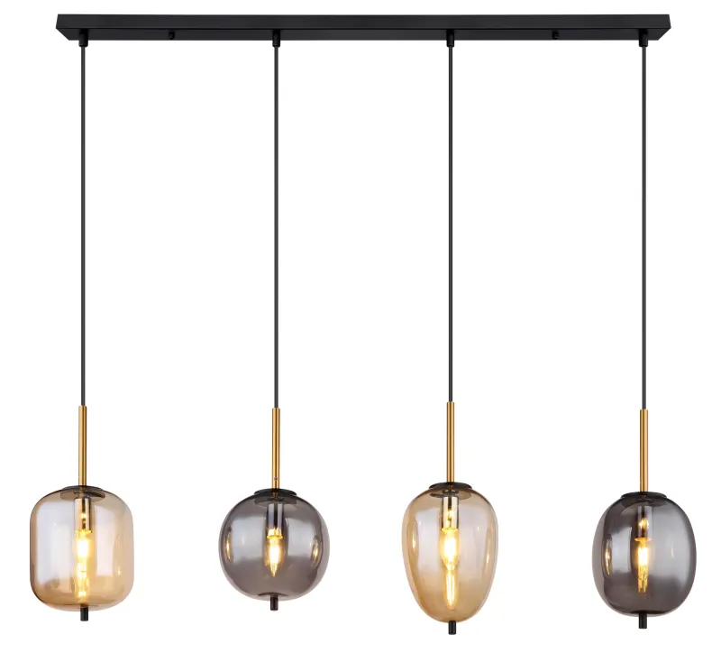 Blacky 110cm Amber hanglamp Van Globo Lighting - De fyra r&ouml;k- och amberf&auml;rgade glasgloberna i olika former h&auml;nger fr&aring;n en svart, rektangul&auml;r takplatta och kan justeras upp till 120 cm fr&aring;n taket.