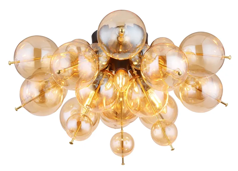 Udo Ø55 Amber plafondlamp Van Globo Lighting - Dess unika design utm&auml;rks av en rund form d&auml;r guldf&auml;rgade metallstavar elegant sammanl&auml;nkas med varmt b&auml;rnstensf&auml;rgade glasklot i olika storlekar.