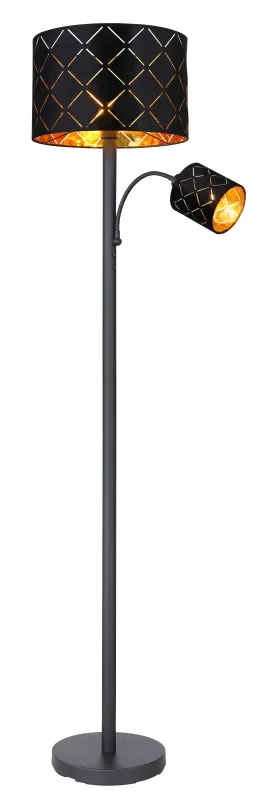 Sunna Zwart vloerlamp Van Globo Lighting - Den runda stommen i h&ouml;gkvalitativ svart metall ger stabilitet och tidl&ouml;s charm, medan den svarta lampsk&auml;rmen i sammet med dekorativa utsk&auml;rningar tillf&ouml;r en lyxig k&auml;nsla och skapar ett fascinerande ljusspel.