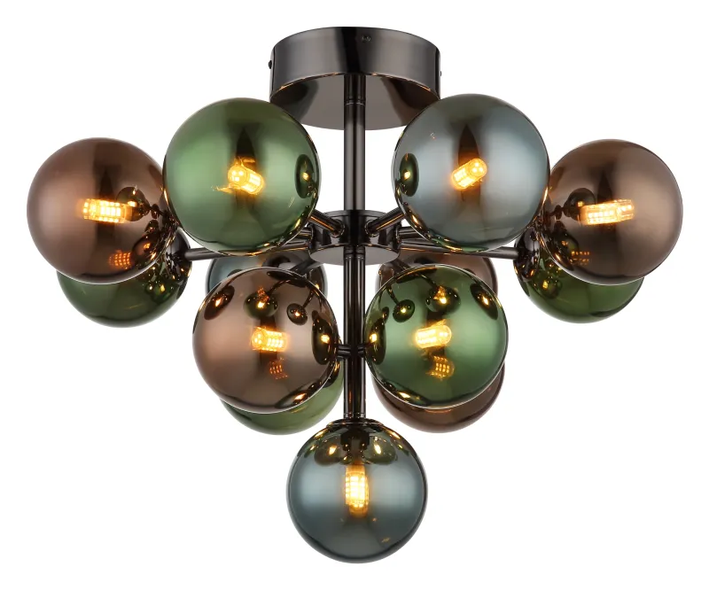 Grappy Ø56 Veelkleurig plafondlamp Van Globo Lighting - Den svarta, kromade metallstommen ger en modern touch, medan lampsk&auml;rmen pryds av en harmonisk blandning av brons-, gr&ouml;na och petrolf&auml;rgade glasklot.