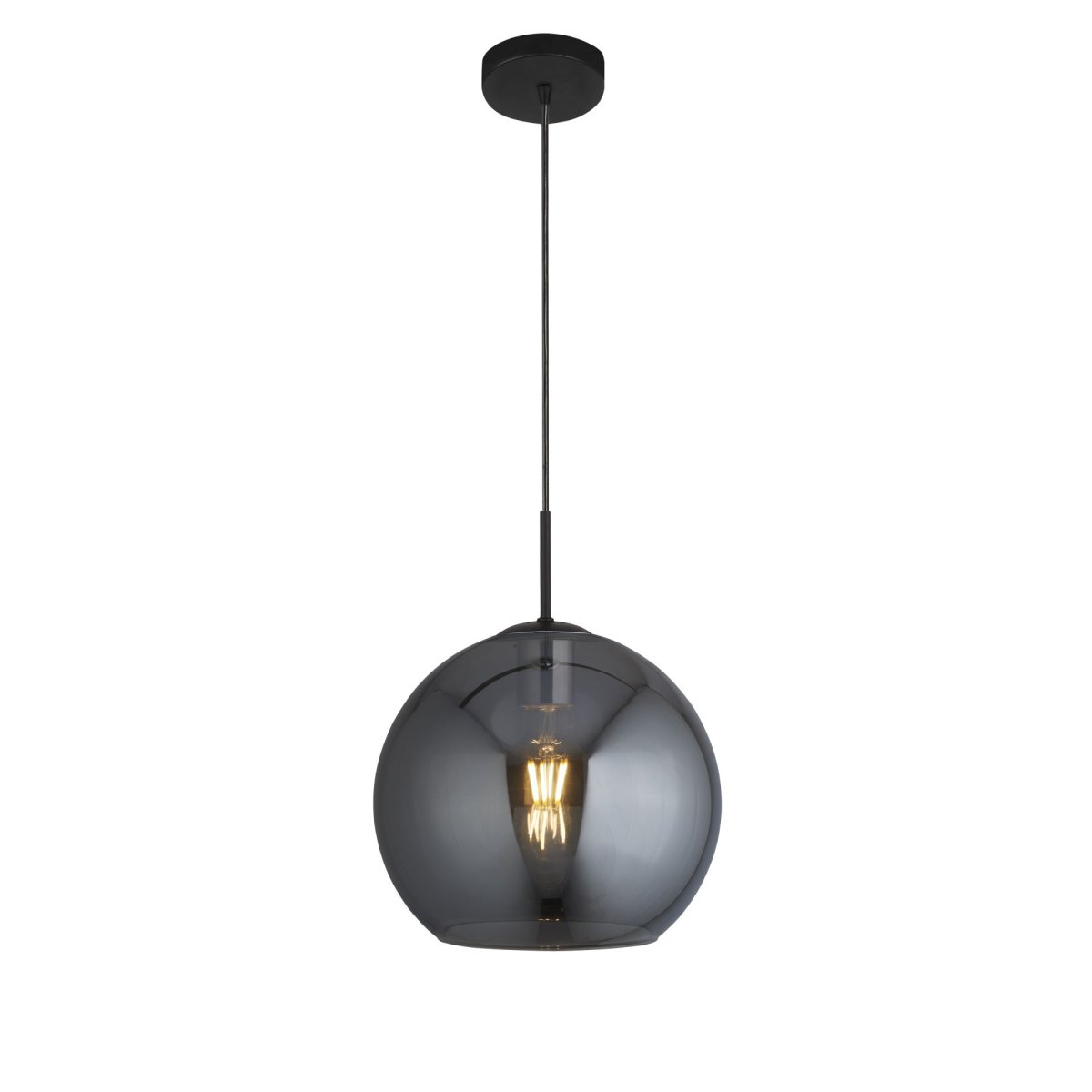 Amsterdam Ø30 Matzwart hanglamp Van Searchlight - De Amsterdam hanglamp heeft een afgeronde plafondplaat in matzwart die aansluit op een kap van gerookt glas met een open onderkant.