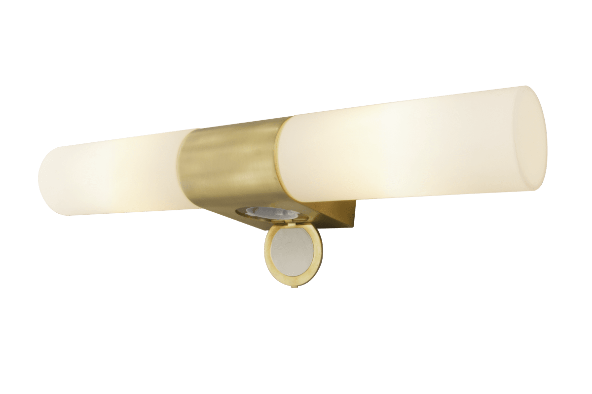 Cosenza 44cm Mat messing badkamerlamp Van Aneta Lighting - Stopcontact aan de onderkant van de lamp is bedoeld voor het aansluiten van een föhn, scheerapparaat en dergelijke.