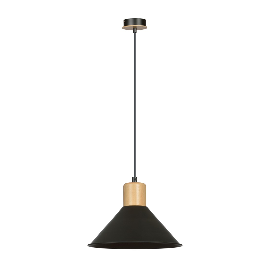 Rowen Ø25 Zwart hanglamp Van Emibig Lighting - De Rowen lampen hebben open metalen kappen die het licht effectief verspreiden, zelfs in grotere kamers, terwijl de decoratieve houten details warmte toevoegen en met een opvallende kleur de aandacht trekken.