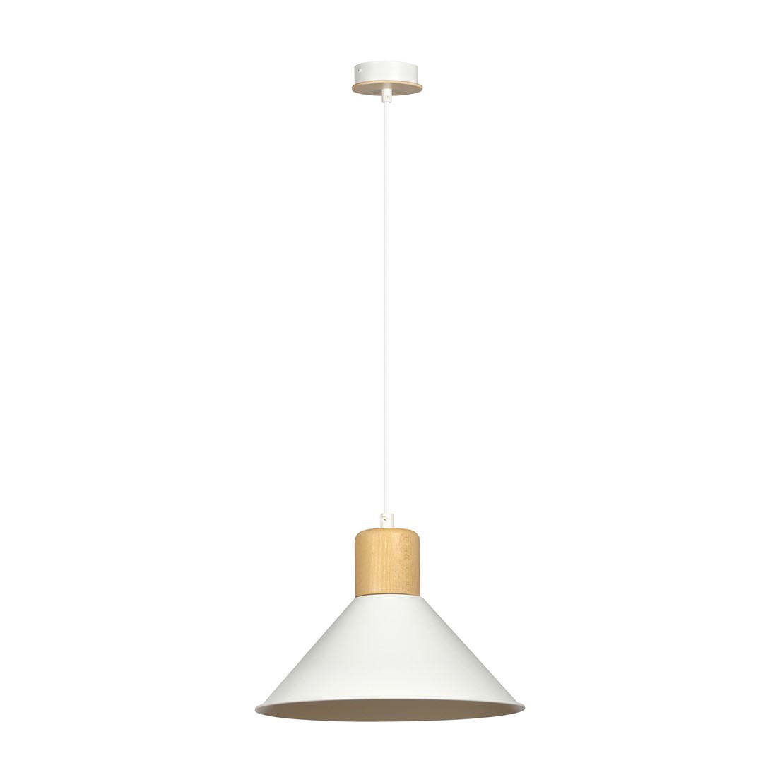 Rowen Ø25 Wit hanglamp Van Emibig Lighting - De Rowen lampen hebben open metalen kappen die het licht effectief verspreiden, zelfs in grotere kamers, terwijl de decoratieve houten details warmte toevoegen en met een opvallende kleur de aandacht trekken.