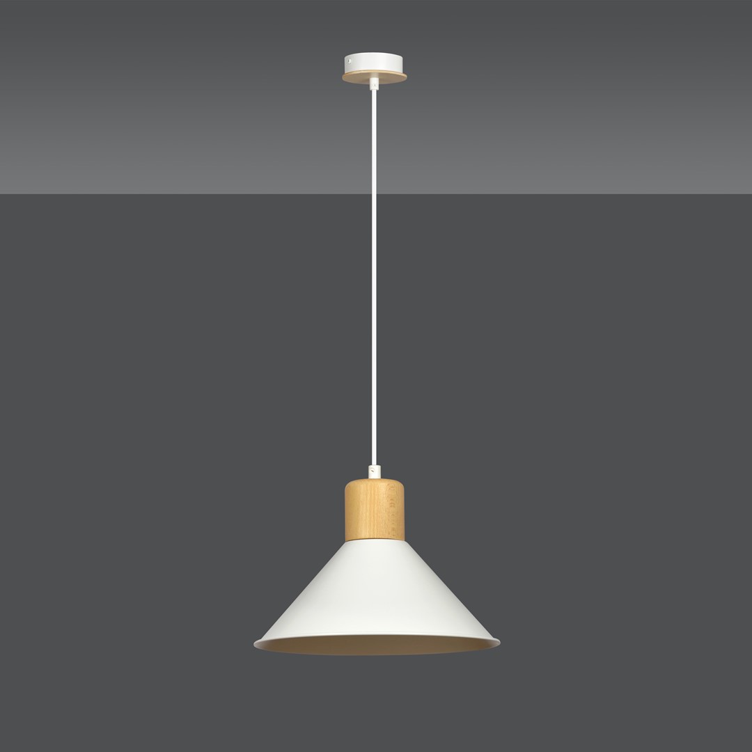Rowen Ø25 Wit hanglamp Van Emibig Lighting - De Rowen lampen hebben open metalen kappen die het licht effectief verspreiden, zelfs in grotere kamers, terwijl de decoratieve houten details warmte toevoegen en met een opvallende kleur de aandacht trekken.