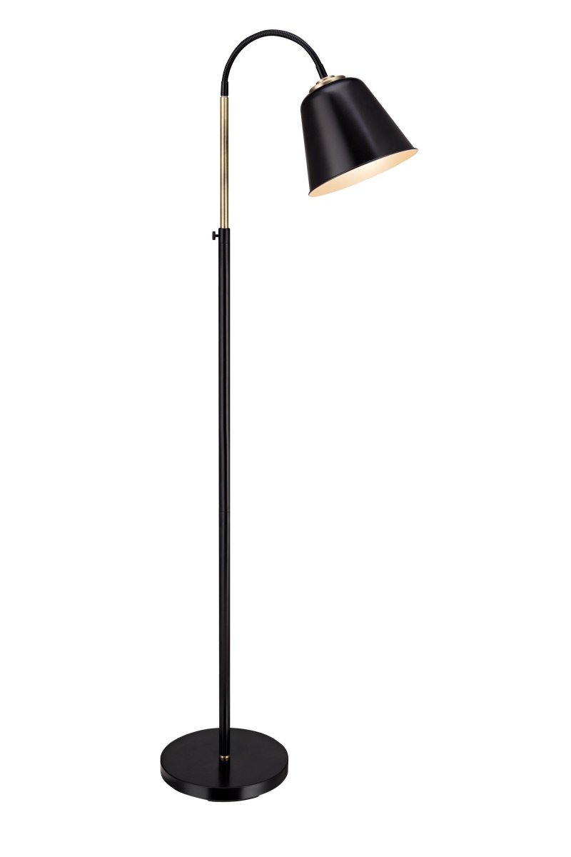 Kolding Zwart vloerlamp Van Markslöjd - Elegante staande lamp in zwart staal met antieke messing details, perfect voor een tijdloos huis of kantoor.