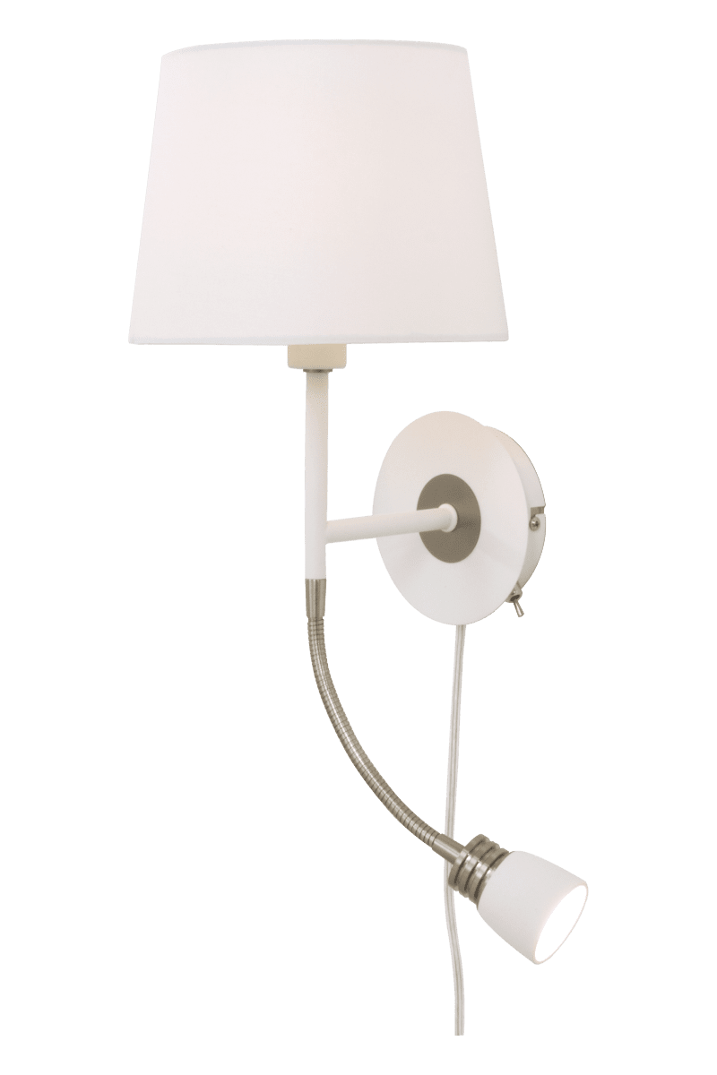 Eketorp Wit leeslamp Van Aneta Lighting - Eketorp wandlamp van wit gelakt metaal met stalen details en een witte textielen kap.