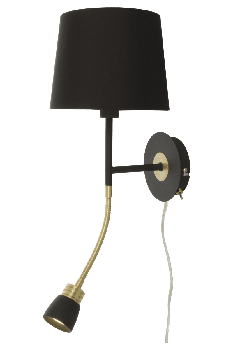 Eketorp Zwart leeslamp Van Aneta Lighting - Eketorp wandlamp van zwart gelakt metaal met details in mat messing en een zwarte textielen kap.