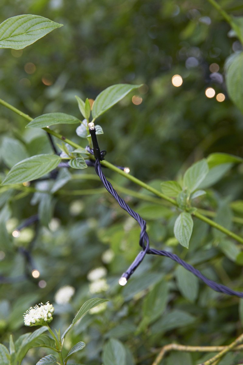 Lichtketting 8m Zwart Garden 24 Van Markslöjd - De lichtsnoer heeft een vaste LED-verlichting van 4,8W en is geschikt voor gebruik in tuinen en op terrassen.