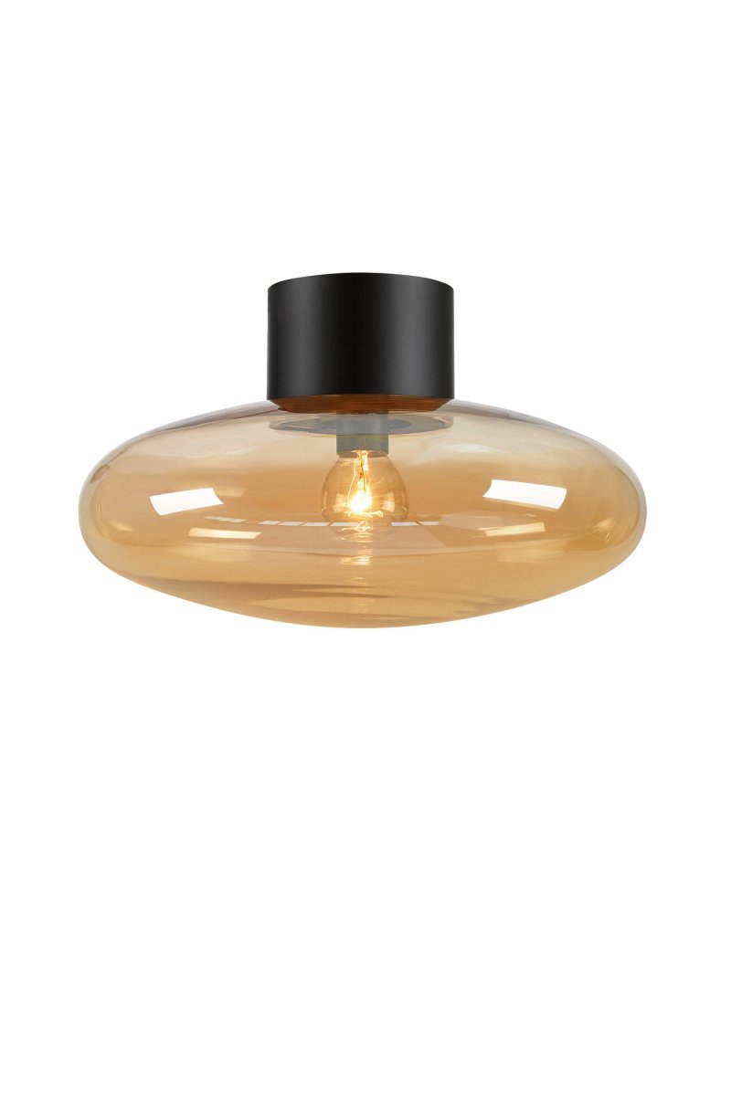 Locus Ø28 Amber plafondlamp Van Markslöjd - Deze gecombineerde plafondlamp en wandlamp combineert een stijlvolle zwarte basis met een amberkleurige glazen kap die een warm en uitnodigend licht verspreidt.