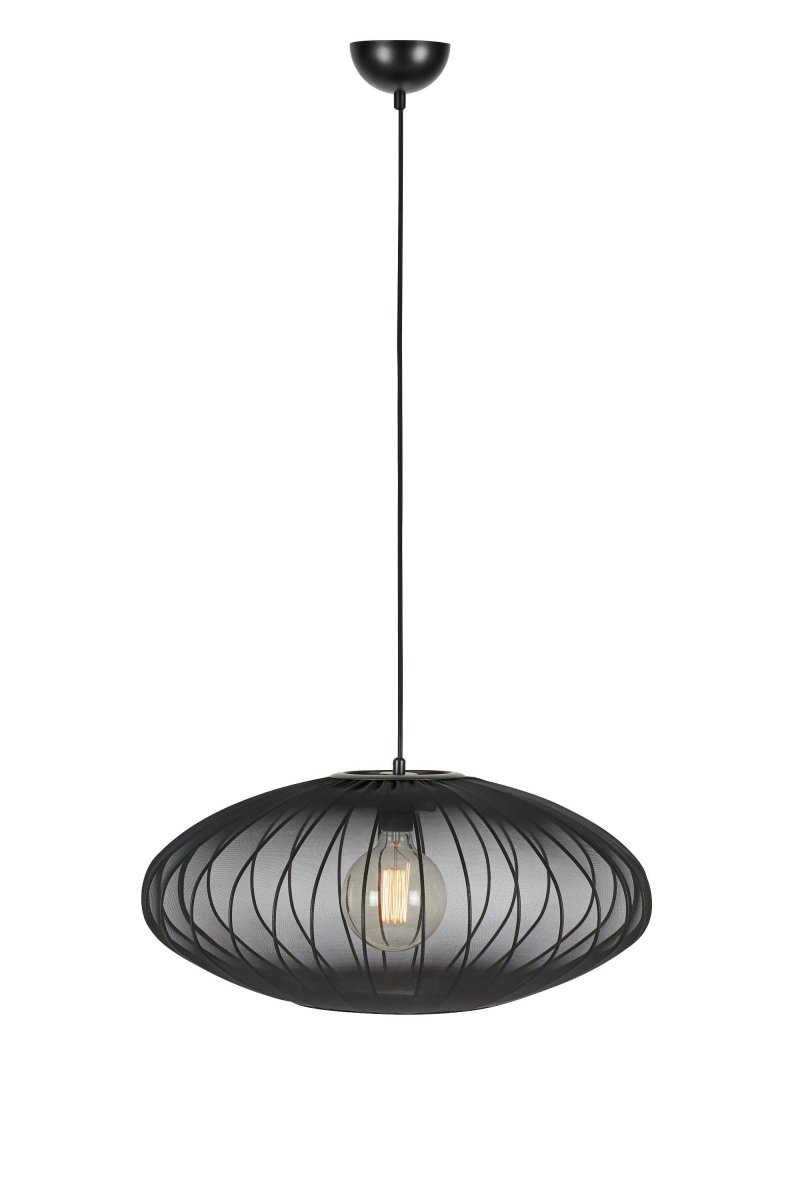 Florence Ø60 Zwart hanglamp Van Markslöjd - Florence is een stijlvolle plafondlamp met een ovale vorm en een zwarte stoffen kap die een aangenaam licht verspreidt.