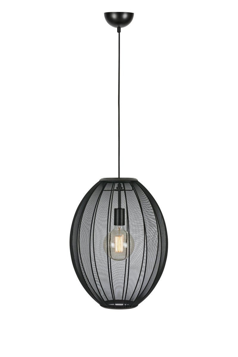 Florence Ø40 Zwart hanglamp Van Markslöjd - Florence is een stijlvolle plafondlamp met een ovaal design en een zwarte textielen kap die zacht en aangenaam licht geeft.