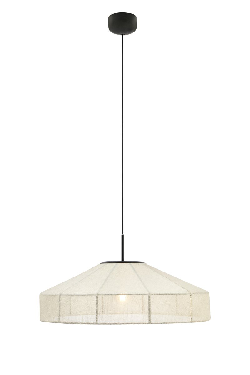 Alia Ø57 Beige hanglamp Van Markslöjd - Grote plafondlamp in beige linnen stof, gecombineerd met een decoratief zwart metalen frame dat zorgt voor een mooi contrast en een stijlvolle uitstraling.